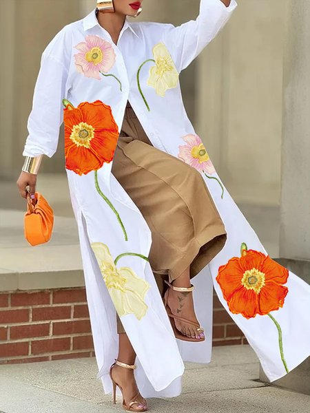 

Vacation Floral Printing Shirt Collar Shirt, White, Blouses and Shirts