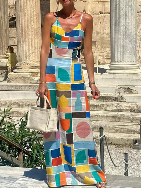 

Vacation Geometric Printing Spaghetti Dress, As picture, Maxi Dresses