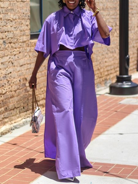 

Cotton Urban Plain Irregular Craftsmanship Shirt Collar Shirt, Purple, Blouses and Shirts