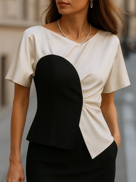 

Satin Urban Color Block V Neck Blouse, As picture, Blouses and Shirts