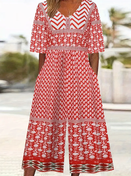

Women Geometric V Neck Half Sleeve Casual Summer Jumpsuit, Red, Jumpsuits＆Rompers