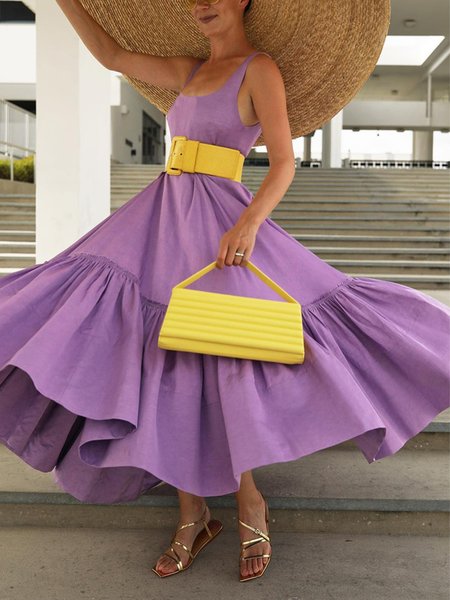 

Cotton And Linen Vacation Plain Ruched Spaghetti Maxi Dress With Belt, Purple, Maxi Dresses