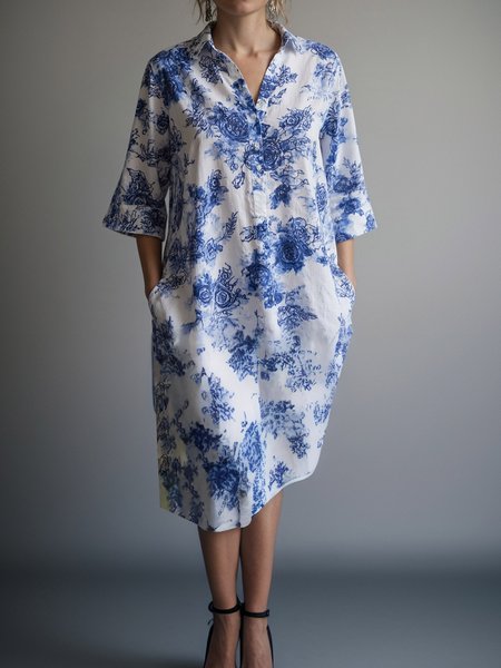 

Casual Plants Shirt Collar Midi Dress, Blue, Midi Dresses