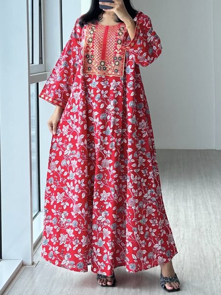 

Women Floral Crew Neck Long Sleeve Comfy Casual Maxi Dress, Red, Maxi