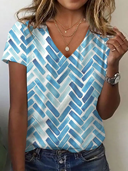 

Casual Geometric V Neck Short Sleeve T-shirt, Blue, Shirts