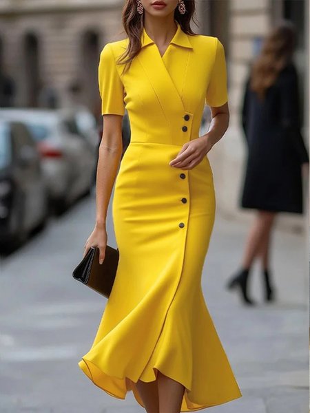 

Plus Size Elegant Plain Buttoned Shawl Collar Midi Dress, Yellow, Plus Dresses
