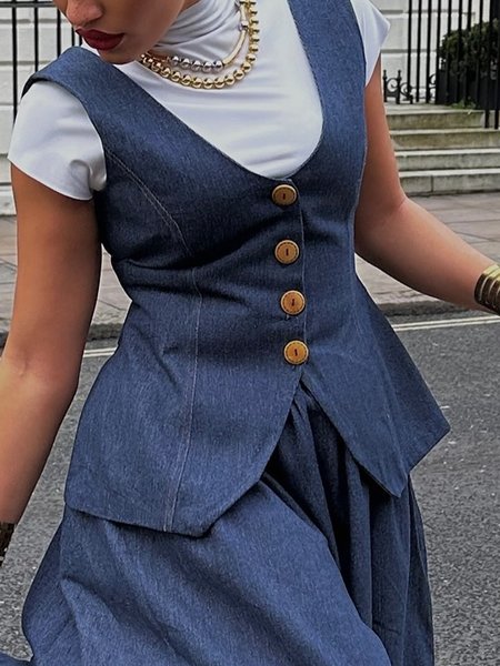 

Casual Buttoned Plain V Neck Denim Vest, Denim blue, Vests and Gilets