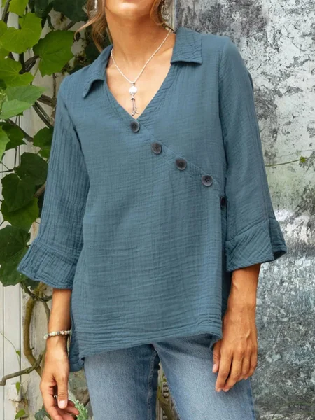 

Casual Plain Buttoned V Neck Blouse, Blue, Blouses & Shirts