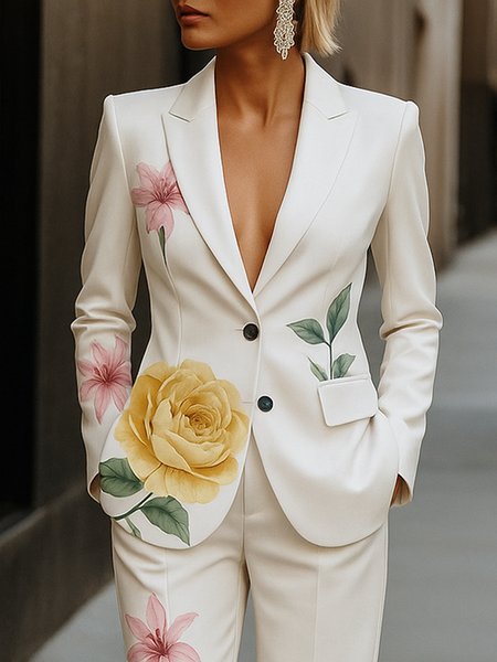

Urban Printing Floral Buttoned Lapel Collar Blazer, As picture, Blazers