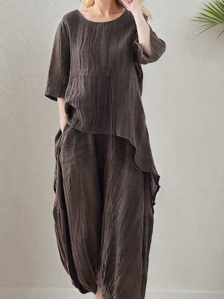

Linen Casual Plain Crew Neck linen-cotton Blouse, Brown, Blouses & Shirts