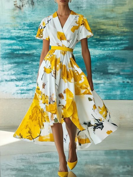 

Vacation Floral Printing V Neck Midi Dress With Belt, Yellow, Midi Dresses