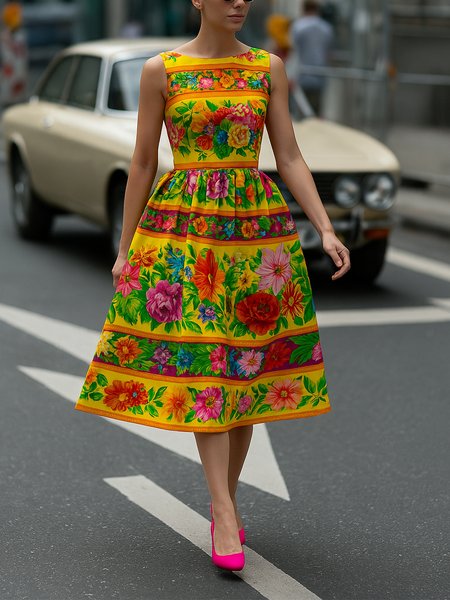 

Vacation Floral Loose Short Sleeve Maxi Dress With Belt, As picture, Maxi Dresses