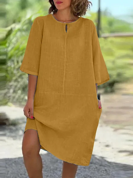 

Casual Plain Crew Neck Midi Dress, Yellow, Midi Dresses