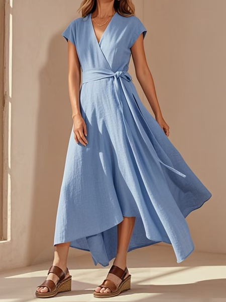 

Urban Plain V Neck linen-cotton Maxi Dress Belt, Blue, Maxi Dresses