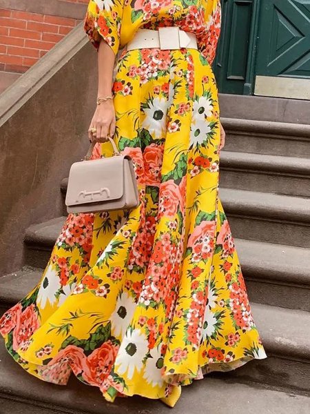 

Vacation Floral Printing Wide Leg Pants No Belt, As picture, Pants