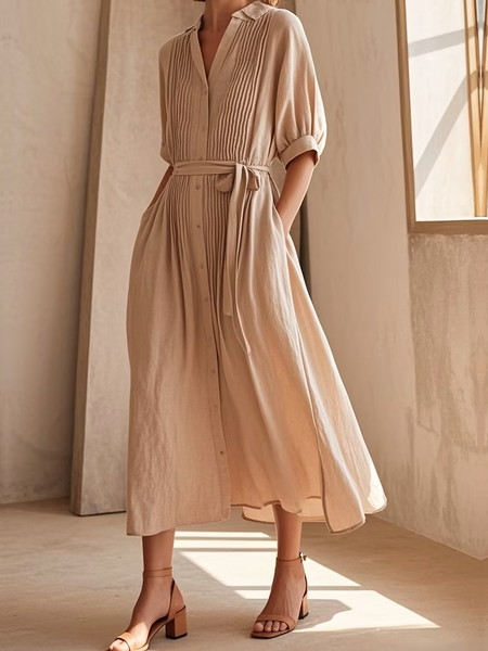 

Casual Plain linen-cotton Shirt Collar Maxi Dress Belt, Apricot, Maxi Dresses