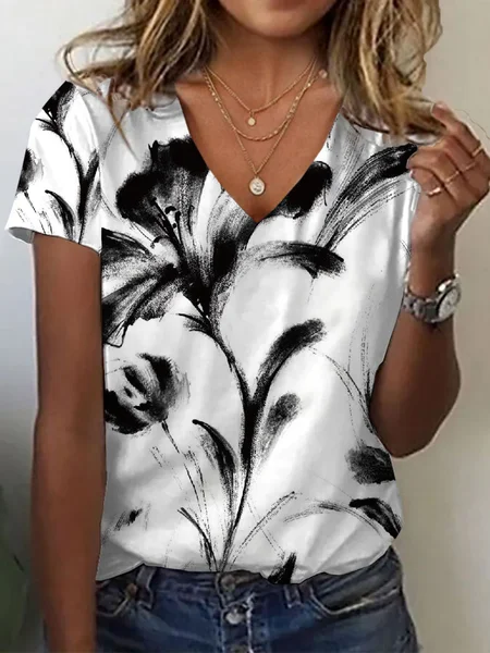 

Women Floral Short Sleeve Tee T-shirt V Neck Printing Casual Summer Graphic Tee Top, White, T-Shirts
