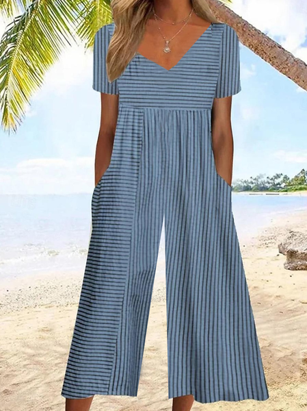 

Women Striped V Neck Half Sleeve Casual Summer Jumpsuit, Blue, Jumpsuits＆Rompers