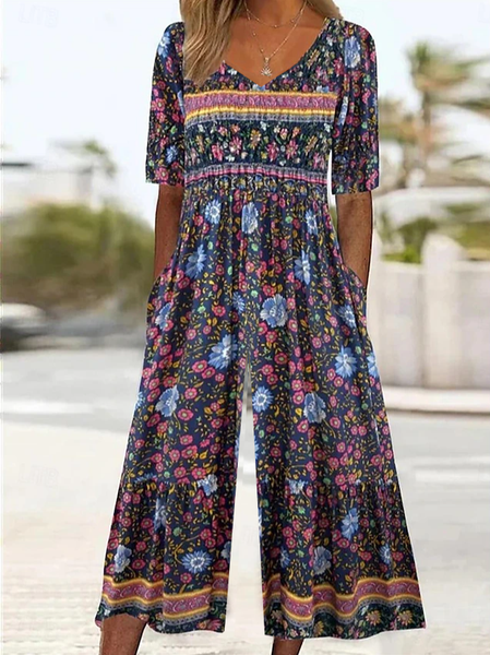 

Women Floral V Neck Half Sleeve Casual Summer Jumpsuit, As picture, Jumpsuits＆Rompers