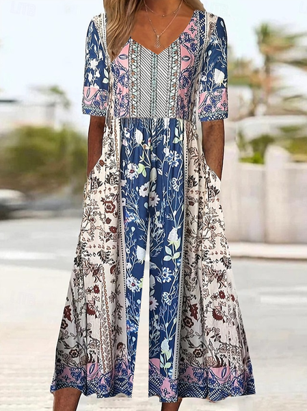 

Women Floral V Neck Half Sleeve Casual Summer Jumpsuit, Blue, Jumpsuits＆Rompers