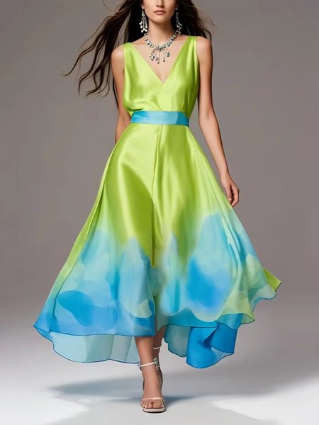 

Elegant Floral Printing V Neck Midi Dress With Belt, As picture, Midi Dresses