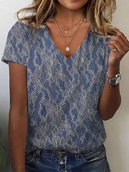 

Women Floral Short Sleeve Tee T-shirt V Neck Printing Casual Summer Graphic Tee Top, Purplish blue, T-Shirts