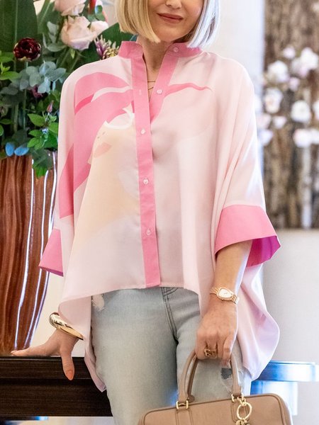 

Urban Figure Printing Shirt Collar Raglan Sleeve Shirt, Pink, Blouses and Shirts