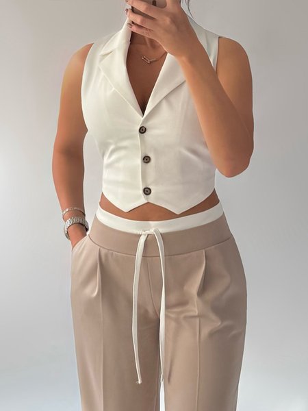 

Urban Buttoned Plain Lapel Collar Vest, White, Vests and Gilets