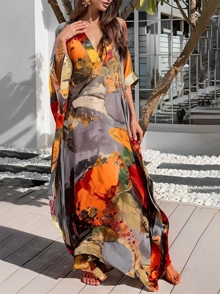 

Vacation Random Print Raglan Sleeves Printing V Neck Maxi Dress, As picture, Maxi Dresses