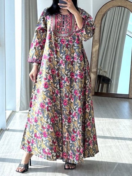 

Women Floral Crew Neck Long Sleeve Comfy Casual Maxi Dress, Navyblue, Maxi