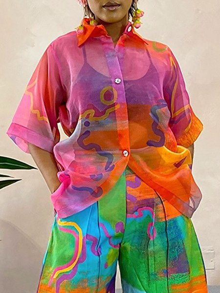 

Urban Abstract Printing Shirt Collar Shirt, As picture, Blouses and Shirts