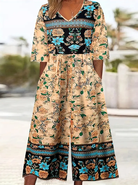 

Women Floral V Neck Half Sleeve Casual Summer Jumpsuit, As picture, Jumpsuits＆Rompers