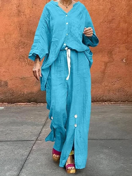

Casual Plain V Neck Two-Piece Set, Blue, Suits