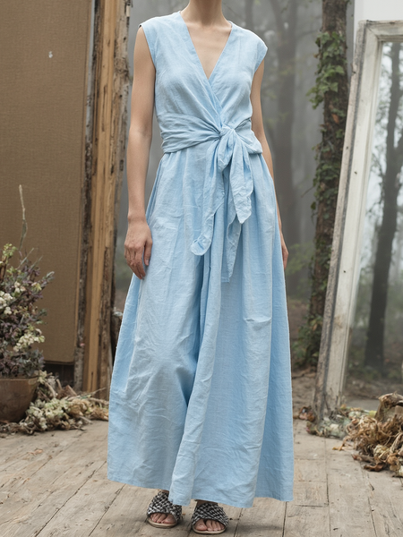 

Vacation Plain linen-cotton V Neck Maxi Dress Belt, Blue, Maxi Dresses