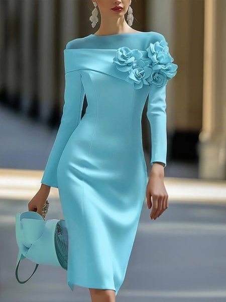 

Plus Size Elegant Plain 3D Floral Crew Neck Knee Length Dress, Blue, Plus Dresses
