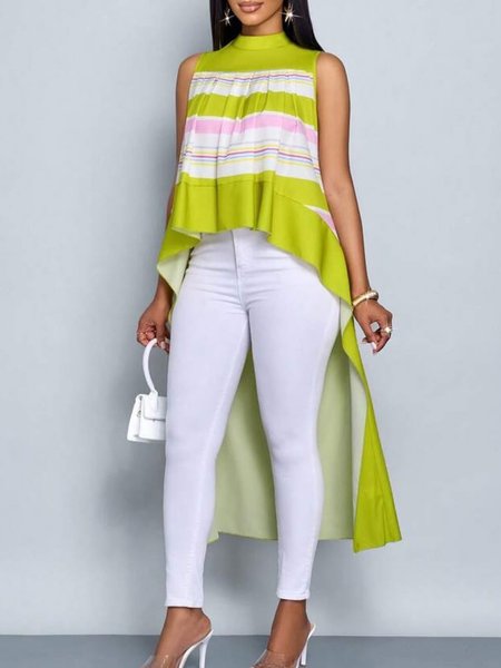 

Urban Striped Printing Stand Collar Tank Top, Green, Tanks and Camis