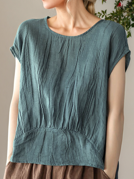 

Linen Casual Plain Crew Neck linen-cotton Blouse, Green, Blouses & Shirts