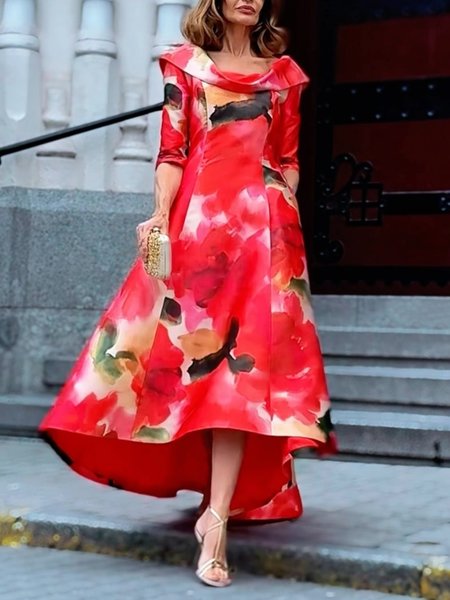 

Satin Elegant Floral Printing Shawl Collar Maxi Party Dress, Red, Maxi Dresses