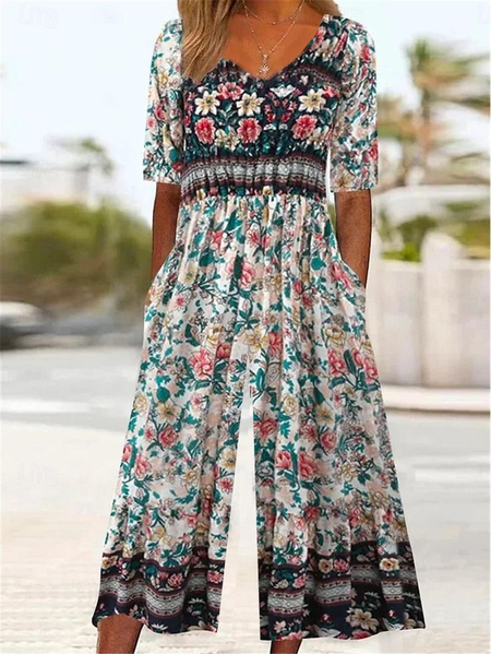 

Women Half Sleeve V Neck Regular Fit Ankle Pants Printing Daily Casual Floral Natural Jumpsuit, As picture, Jumpsuits&Rompers