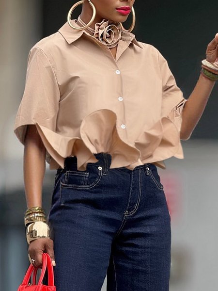 

Cotton Urban Plain Shirt Collar Shirt With 3D Floral Choker, Khaki, Blouses and Shirts