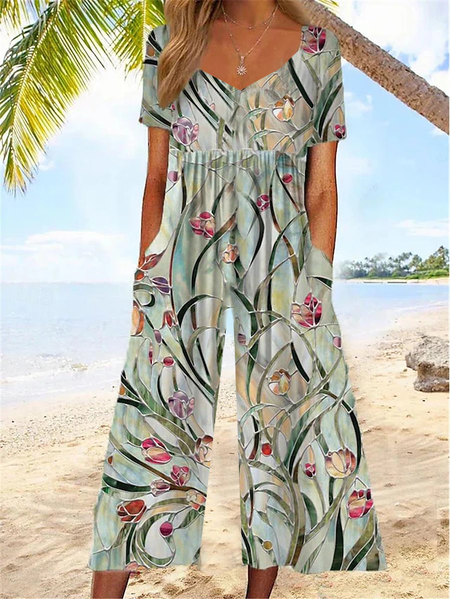 

Women Floral V Neck Half Sleeve Casual Summer Jumpsuit, Green, Jumpsuits＆Rompers
