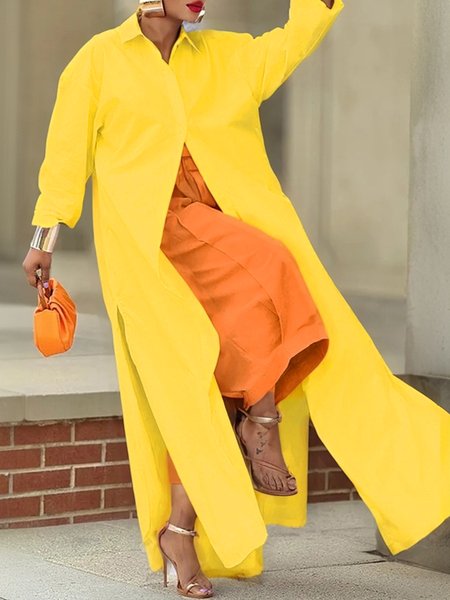 

Casual Cotton Loose Split Long Shirt, Yellow, Blouses and Shirts