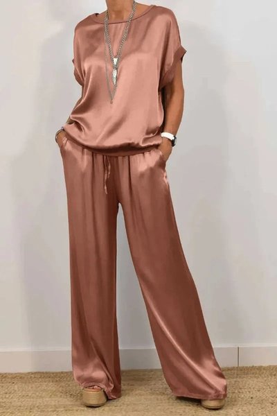 

Women Plain Crew Neck Half Sleeve Comfy Casual Top With Pants Two-Piece Set, Coffee, Sets