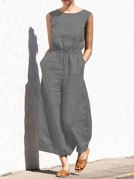 Women Sleeveless Crew Neck Long Daily Casual Plain Natural Tank Jumpsuits, Gray, Jumpsuits&Rompers