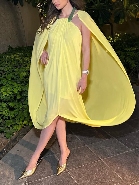 

Elegant Plain Halter Loosen Midi Mock Teo-Piece Dress, Yellow, Midi Dresses