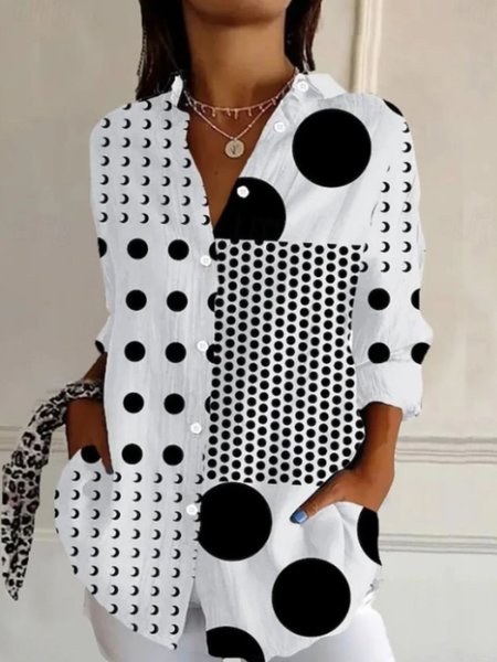 Casual V Neck Long Sleeve Geometric Print Comfy Shirt For Women, Black-white, Shirts