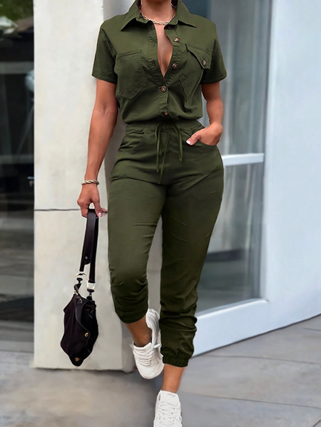 

Urban Pockets Plain Shawl Collar Shirt Jumpsuit, Army green, Jumpsuits