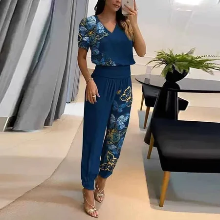 

Women Striped Crew Neck Short Sleeve Comfy Casual Top With Pants Two-Piece Set, Blue, Sets