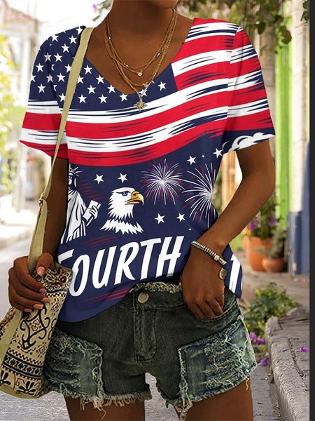

Casual Floral V Neck Short Sleeve T-shirt, Blue, T-shirts