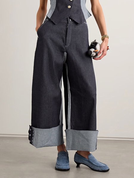 

Color Block Urban Loose Denim Jeans, As picture, Jeans